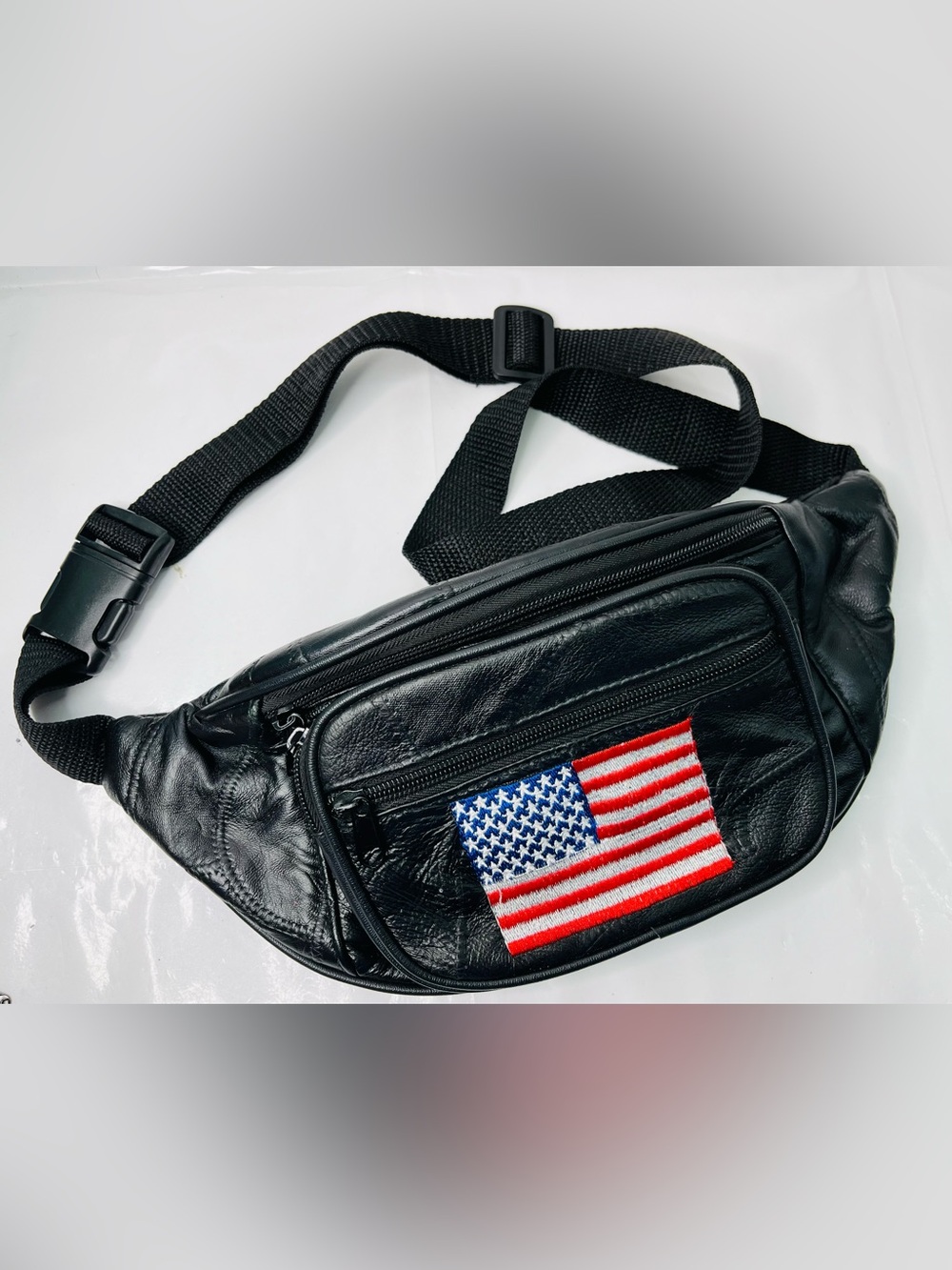 Black Leather Men's Belt Bag with American Flag Patch